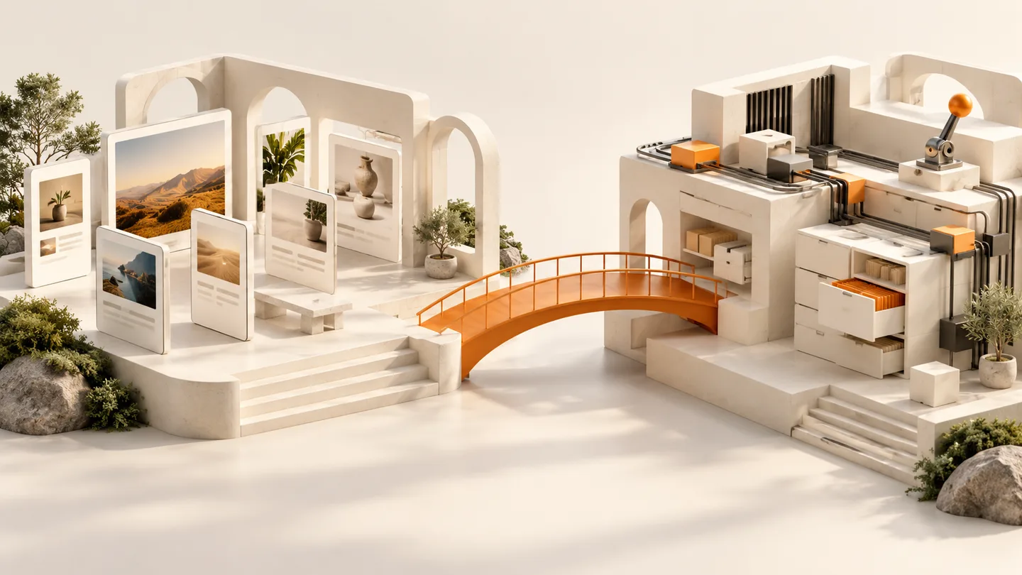 Conceptual content gallery connected by an orange bridge to a modular application workshop.