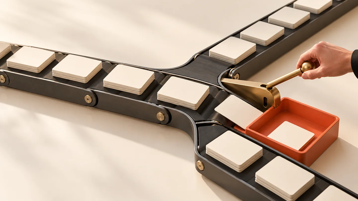 Illustrative conveyor with separate routing paths and an orange exception tray.