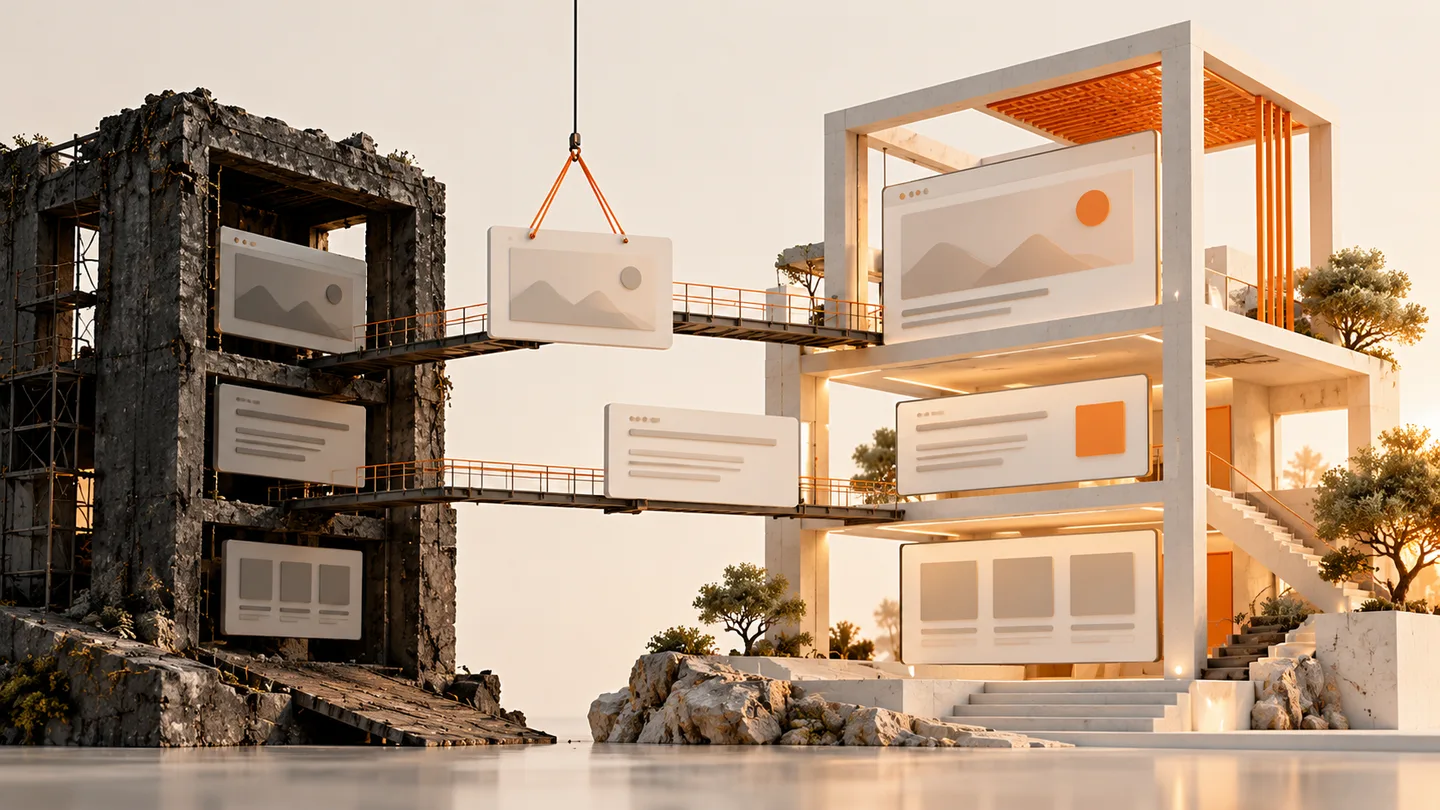 Illustrative website panels moving between architectural structures across connected bridges.